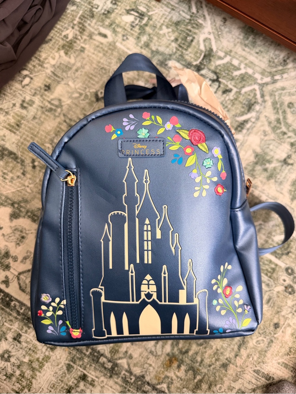 Disney Navy Mini Backpack with Gold Castle and Floral Accents